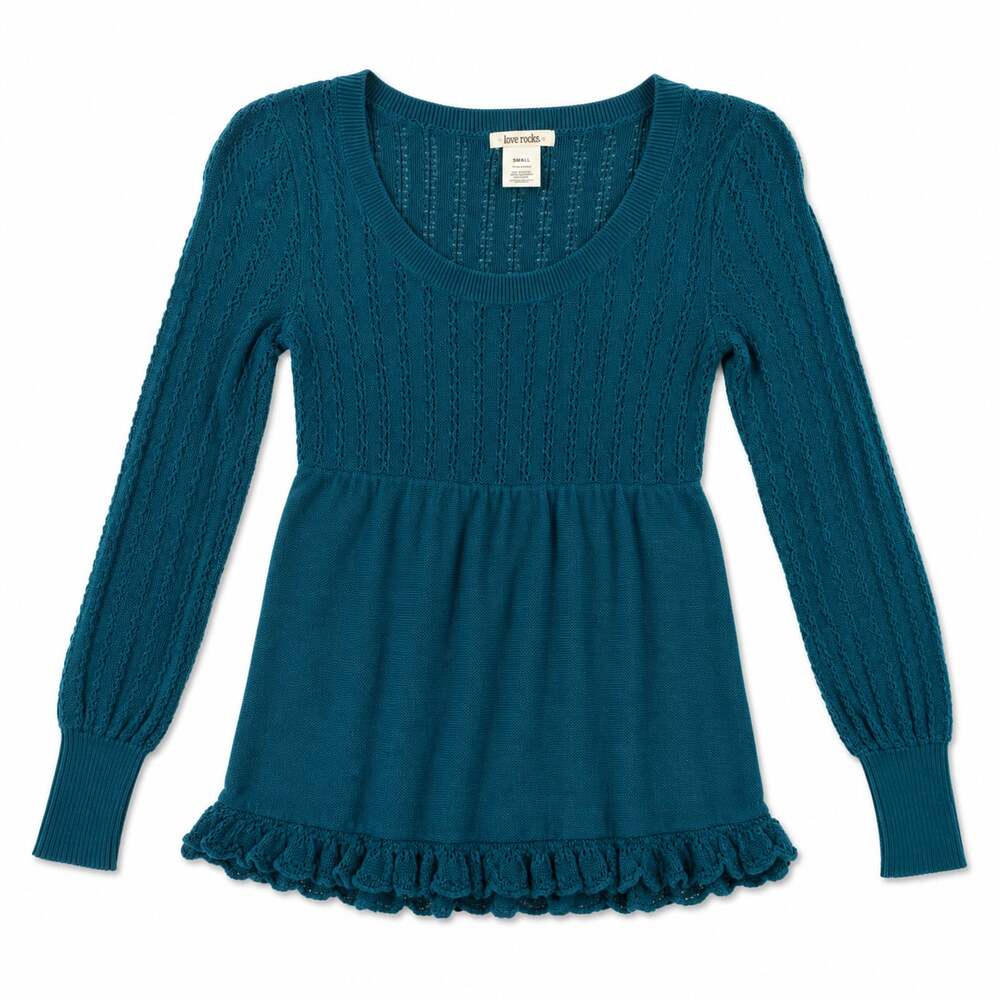 Vintage Y2K Love Rocks Teal Long Sleeve Babydoll Sweater with Ruffled Hem